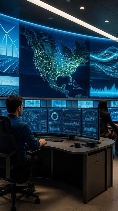 Smart grid control room showing energy flow data on screens