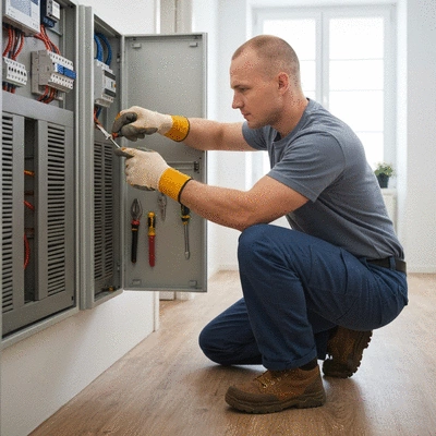 Electrician working on an electrical panel in a residential setting