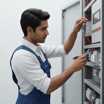 Electrician checking an electrical panel with tools