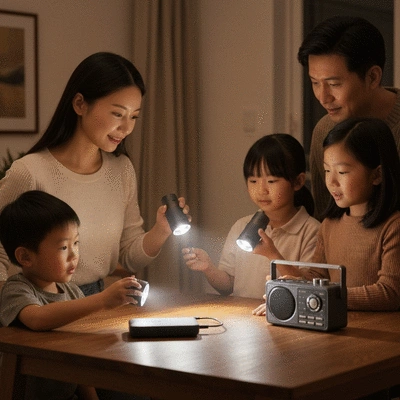 Family preparing for an emergency power outage with flashlights and a portable charger