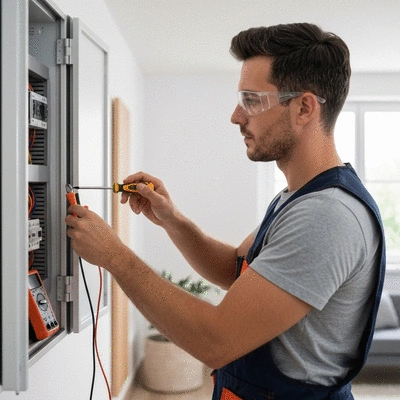 An electrician working on an electrical panel in a modern Avignon home, with tools and safety gear visible, clean image