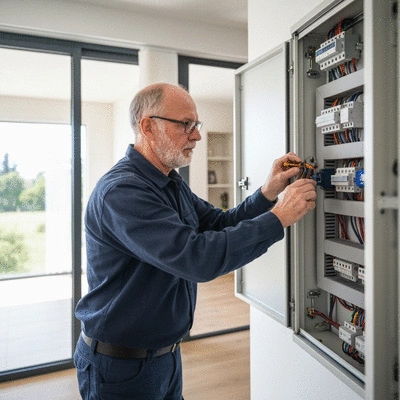 Électricien travaillant sur un tableau électrique moderne dans une maison à Avignon, avec des outils professionnels, ambiance lumineuse et sécurisée, no text, no words, no typography, no labels, clean image