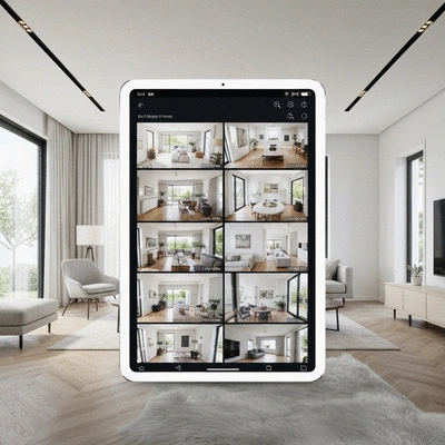 Modern smart home security system with a tablet interface displaying surveillance footage.