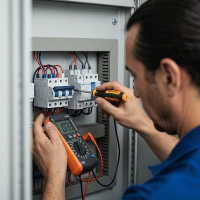Électricien installant un disjoncteur différentiel dans un tableau électrique