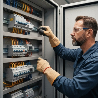 Électricien inspectant un tableau électrique avec des fils