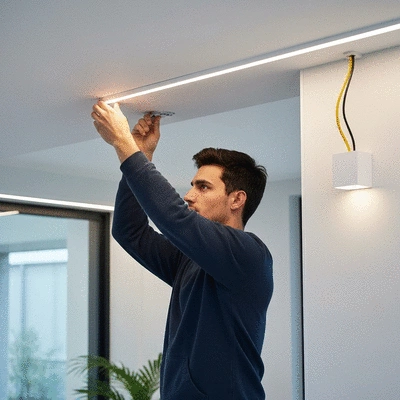 Electrician installing LED lighting in a modern home