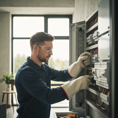 Electrician working on a circuit breaker panel in a modern home