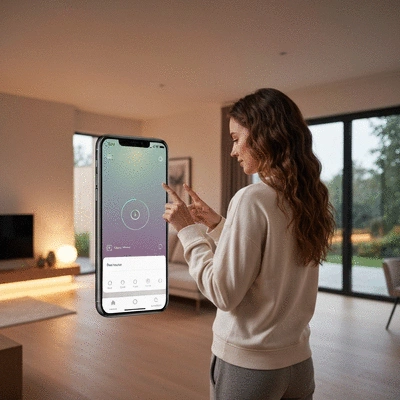 Person using a smartphone app to control smart LED lighting in a modern home