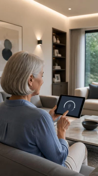 Senior woman using a smart home tablet to control lighting