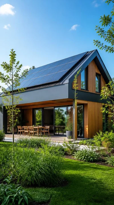 Modern building with solar panels and green elements, representing RT 2020 standards