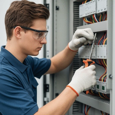 Électricien vérifiant un panneau électrique avec des outils, gros plan, éclairage moderne