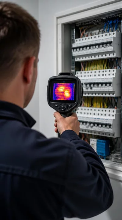Electrician using a thermal camera to inspect an electrical panel