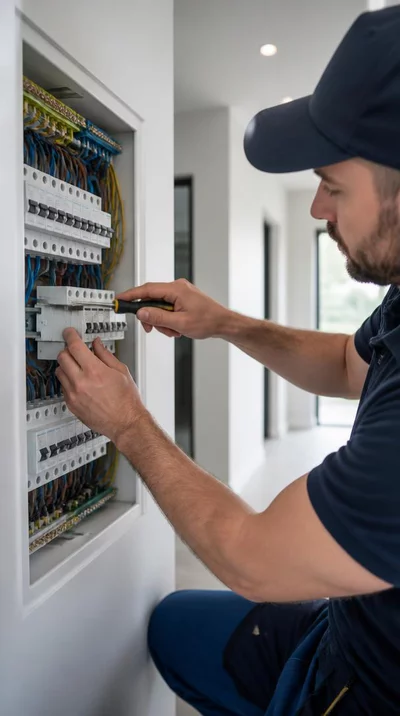 Electrician installing modern electrical components in a new energy-efficient home