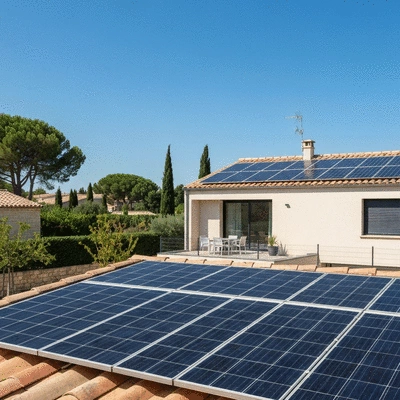 Solar panels on a modern house roof in Avignon, integrated with smart home technology, sunny day, no text, no words, no typography, 8K