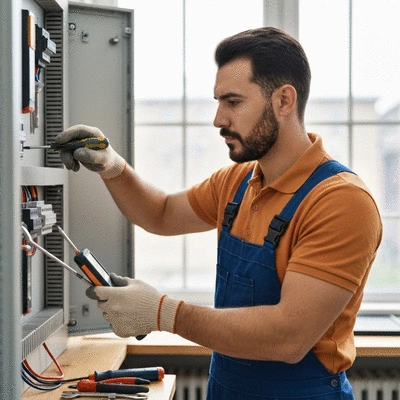 Électricien inspectant un tableau électrique avec des outils