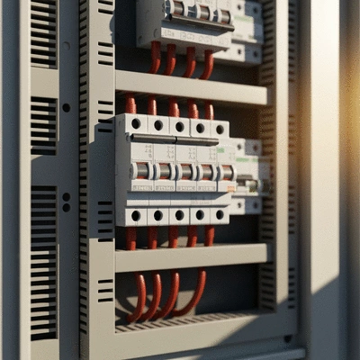 Close-up of a modern electrical panel with circuit breakers, emphasizing safety and compliance, no text, no words, no typography, 8K