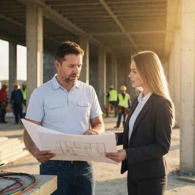 Électricien professionnel discutant avec un client sur un chantier, illustrant la clarification des services et des délais