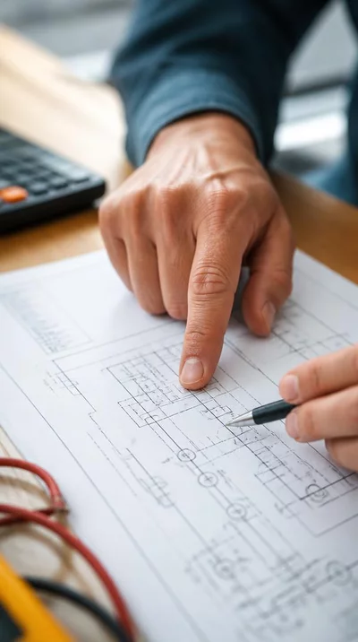 Gros plan sur un contrat ou devis électrique avec un stylo et des mains
