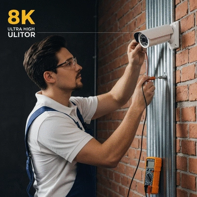 Professional electrician installing a security camera on a wall