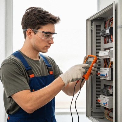 Electricien travaillant sur un tableau électrique résidentiel