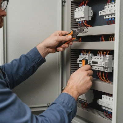 Electrician working on an electrical panel, close-up, tools visible