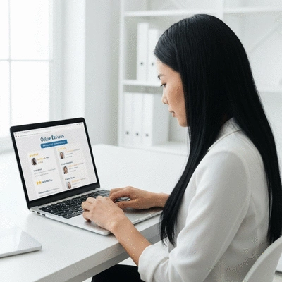 Person reading online reviews on a laptop, with a focus on client satisfaction and professional ratings, clean image
