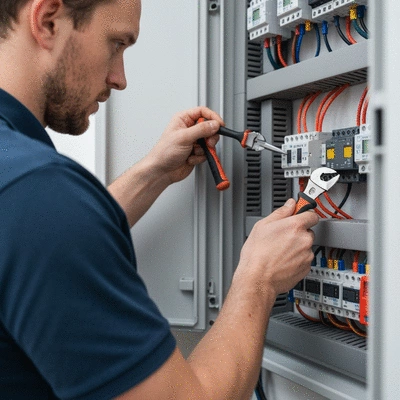 Electrician working on a modern electrical panel, close up of hands and tools, clean image, no text