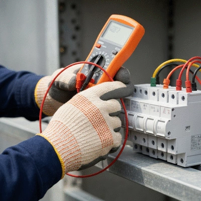 Main d'un électricien testant un disjoncteur