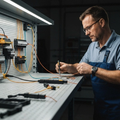 Gros plan sur les mains d'un électricien travaillant sur un tableau électrique, avec des fils colorés et des outils visibles, éclairage professionnel, pas de texte, pas de mots, pas de typographie, 8K