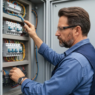 Électricien vérifiant un tableau électrique moderne avec des câbles colorés et des disjoncteurs