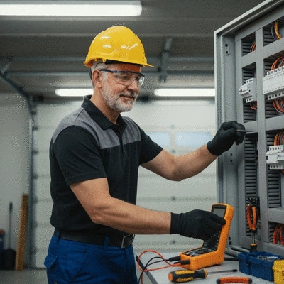 &Eacute;lectricien v&eacute;rifiant un tableau &eacute;lectrique dans un garage, casque de s&eacute;curit&eacute;, outils