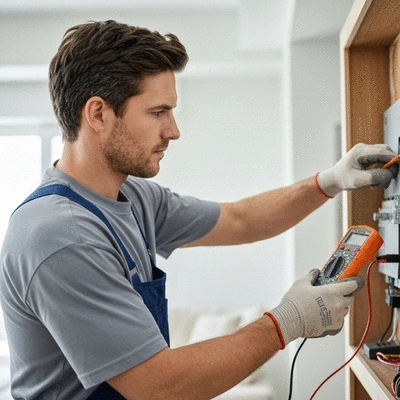 Electrician performing an electrical diagnostic in a residential setting