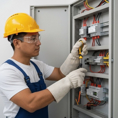 Électricien réparant un tableau électrique avec des outils, mettant l'accent sur la sécurité et la résolution de problèmes