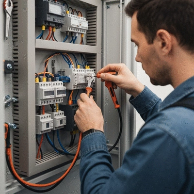 Electrician working on an electrical panel with tools, close-up, clean image