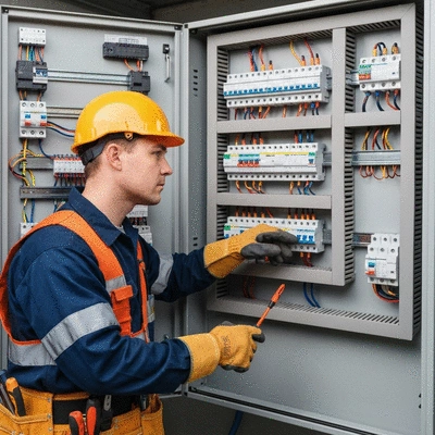 Un électricien professionnel inspectant un tableau électrique avec des outils, mettant en évidence les disjoncteurs et les protections différentielles
