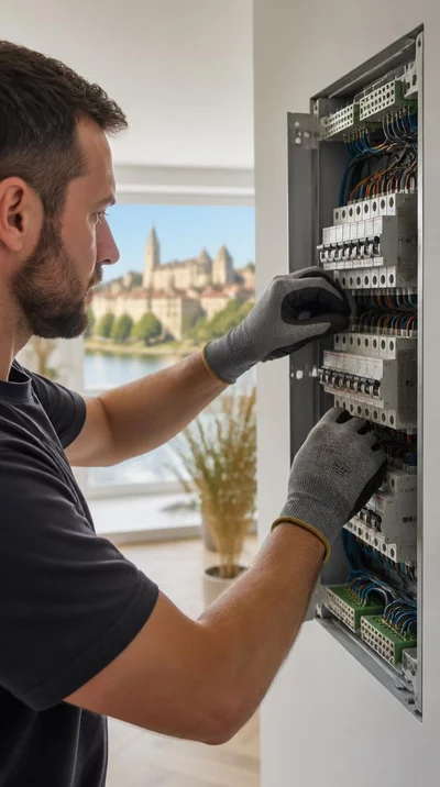 Electrician working on a circuit breaker panel in Avignon