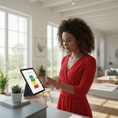 Femme utilisant une application d'économie d'énergie sur une tablette