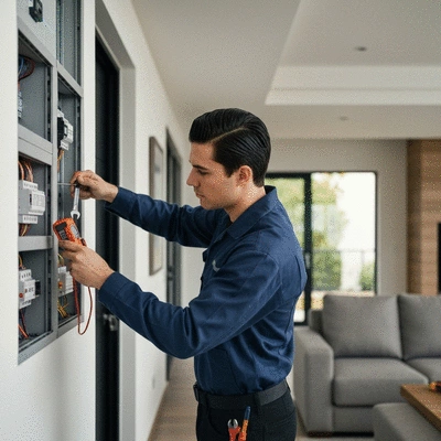 Electrician working on an electrical panel with tools, clean image, no text
