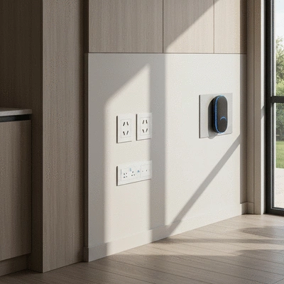 Modern home interior with visible electrical outlets and a smart home device