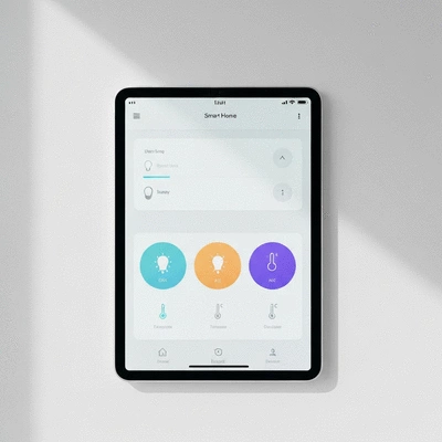 Smart home control interface on a tablet, showing lighting and temperature settings